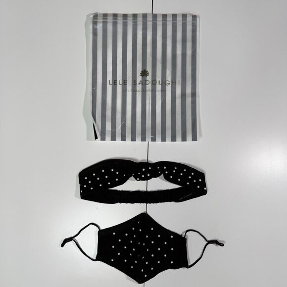 SOLD NWT Lele Sadoughi Black Pearl Dot Headband and Face Mask Set Gossip Girl OS - Picture 2 of 8